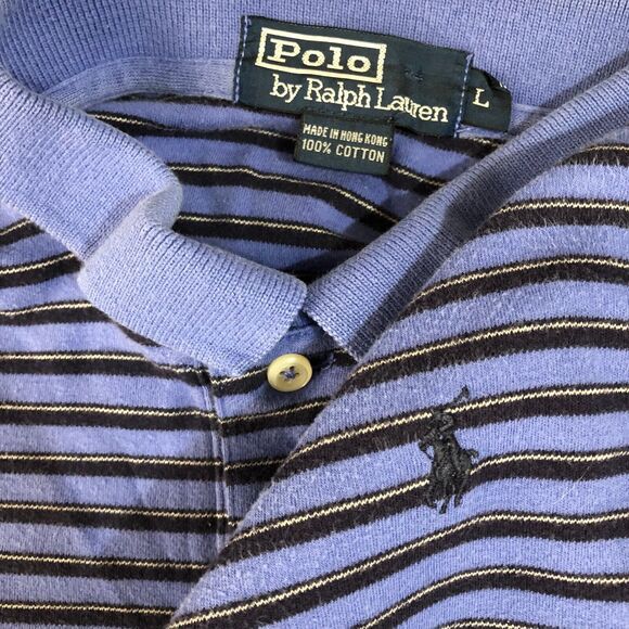 Polo Ralph Lauren Shirt Mens Large Blue Black Striped Golf‎ Pony Logo Collared - Picture 1 of 9
